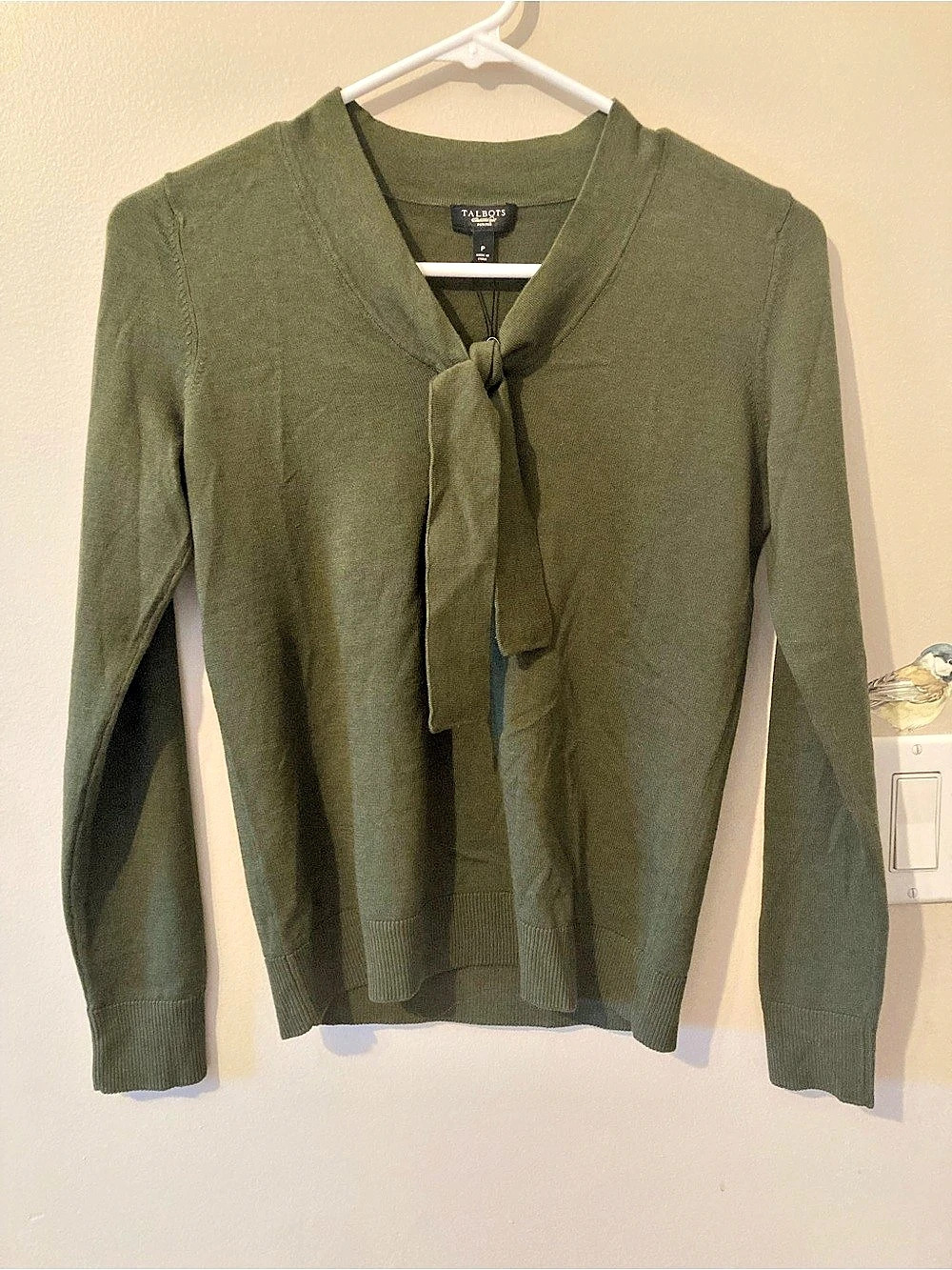 Talbots Tie-Front Sweater Cotton Blend V-Neck Olive Green XS Petite NWT